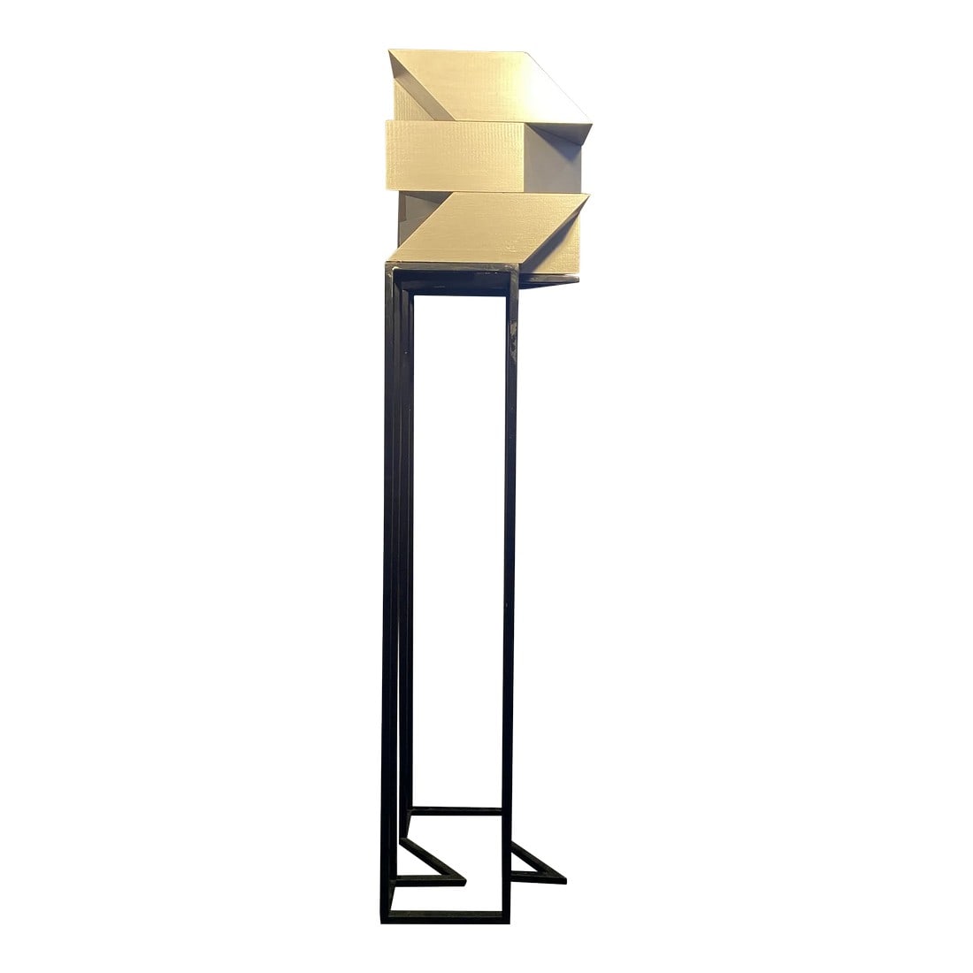 Josecho Lopez Llorens Geometric Cubic Sculpture: Geometric cubic sculpture made of silver washed wood on metal pedestal. By; Spanish artist Josecho Lopez Llorens Condition: Imperfections: No Imperfections Dimensions: Height: 50.7 in. Width: 10.6