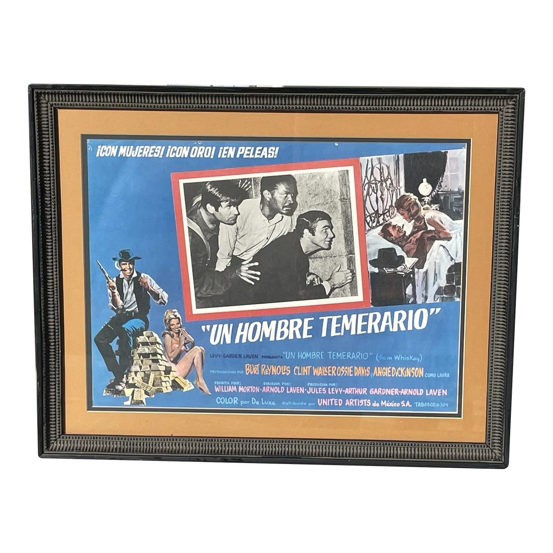 Vintage Burt Reynolds Mexican Movie Poster, Sam Whiskey, "Un Hombre Temerario": Outstanding vintage film poster from 1969, in Spanish, of the Burt Reynolds, Angie Dickinson film, "Sam Whiskey". Excellent condition, framed. Condition: Alterations: Original Condition Unaltered