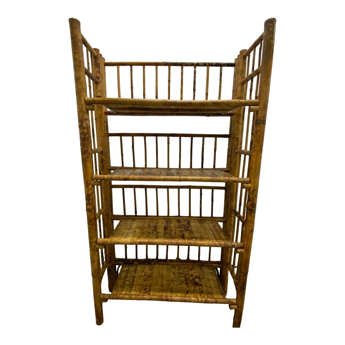 1970s Tall Vintage Burnt Bamboo Faux Tortoise Shell Four Shelf Etagere (1 of 13)