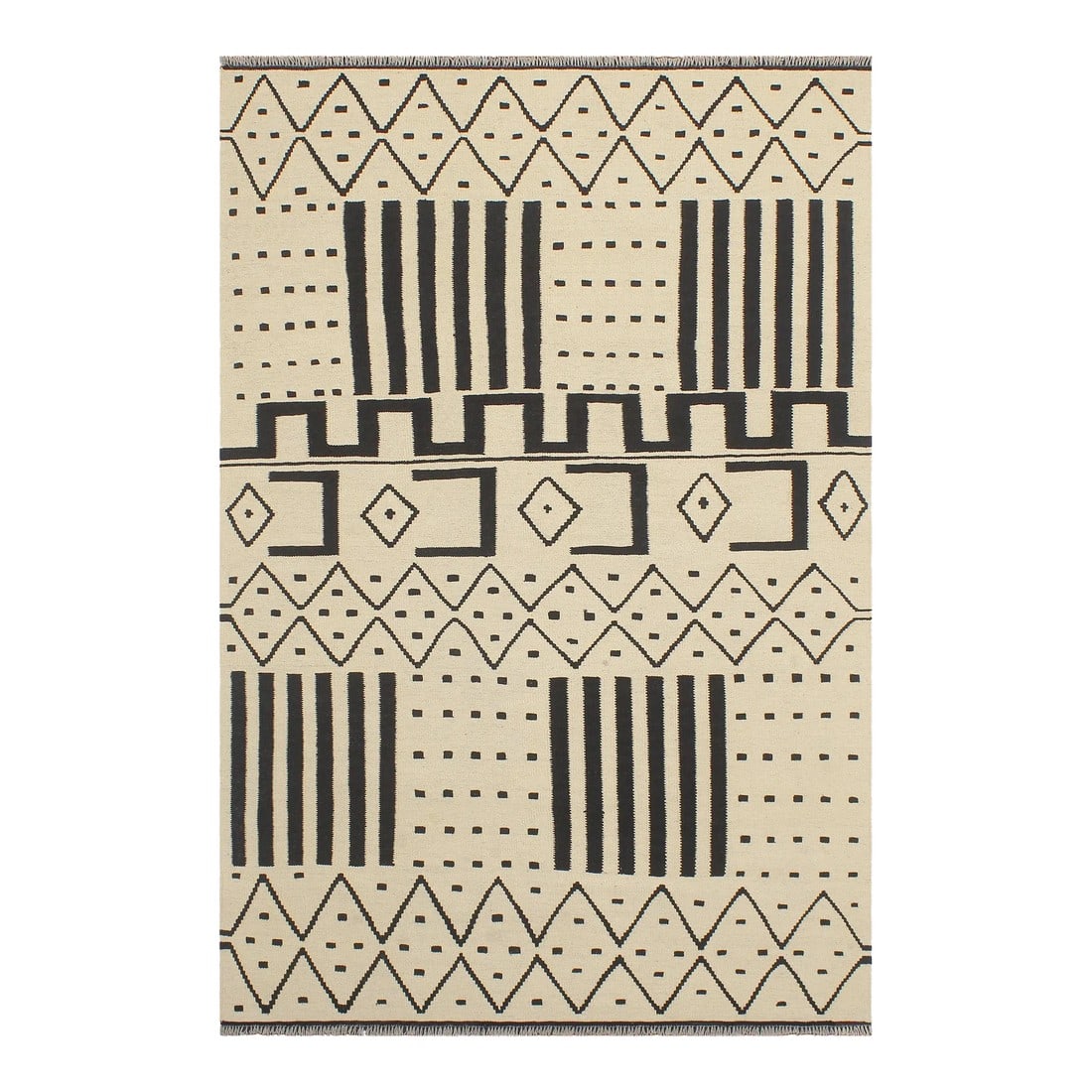 Early 21st Century Caucasian Kilim Beige Black Wool Rug: Add a touch of elegance to your home with this casual chic hand woven Tribal Kilim wool rug. Constructed on a loom by Nomad Turkman people with hand spun wool and 100% Natural Vegetable dyes these bea