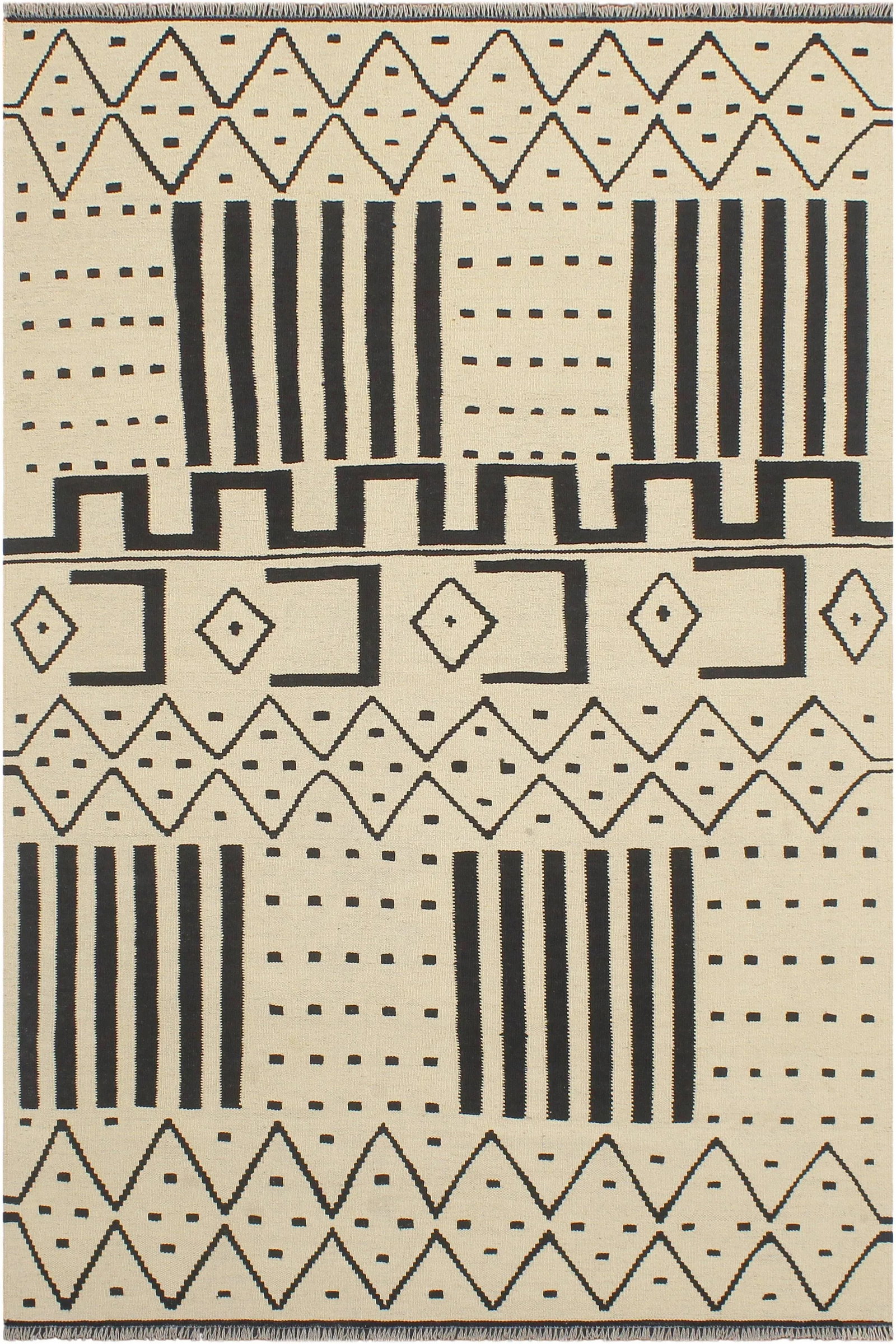 Early 21st Century Caucasian Kilim Beige Black Wool Rug - 8