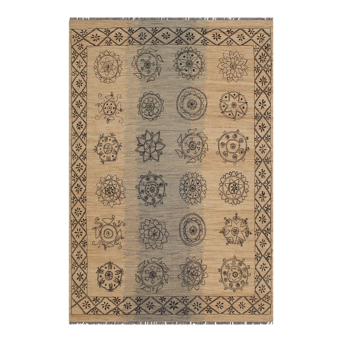 Early 21st Century Rustic Kilim Beige Black Wool Rug: Add a touch of elegance to your home with this casual chic hand woven Tribal Kilim wool rug. Constructed on a loom by Nomad Turkman people with hand spun wool and 100% Natural Vegetable dyes these bea