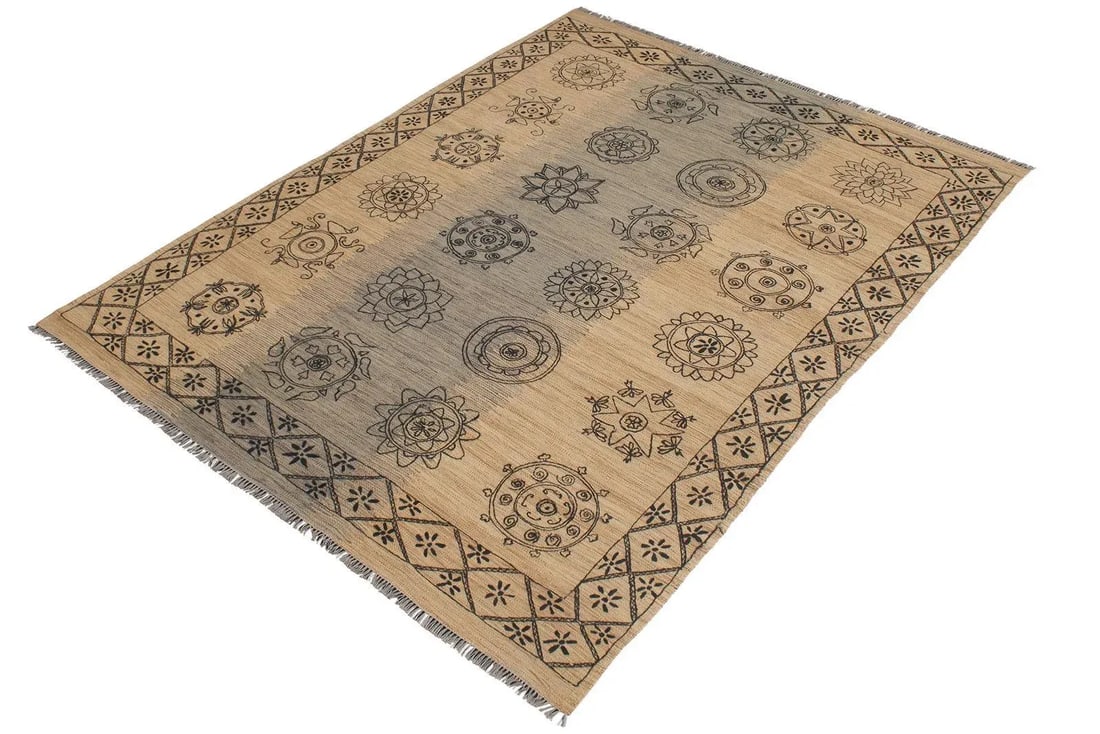 Early 21st Century Rustic Kilim Beige Black Wool Rug - 6
