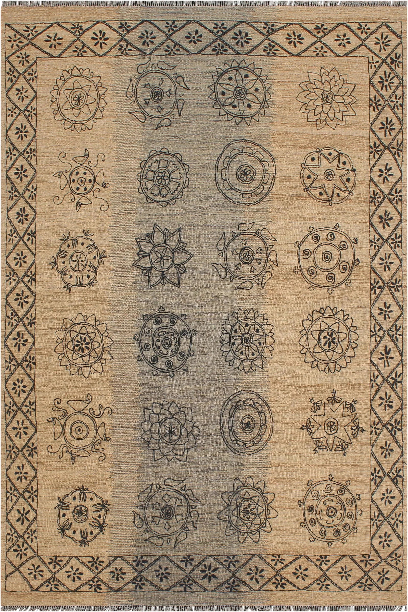 Early 21st Century Rustic Kilim Beige Black Wool Rug - 8