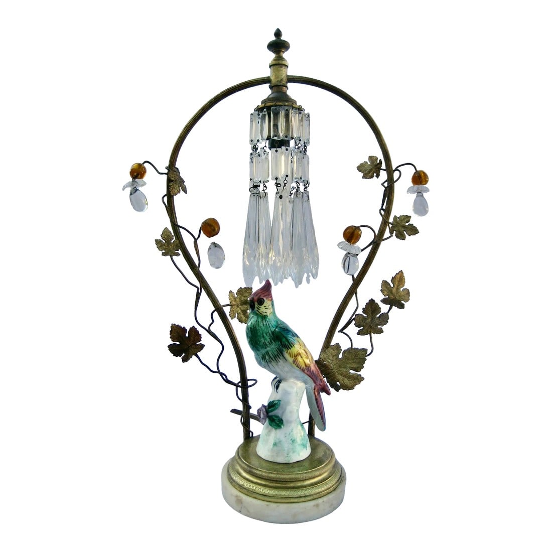 Bird Porcelain Crystal Lamp Circa 1920: This is truly a very lovely accent lamp with a charming designed and used of lots of different materials that makes it extremely attractive , porcelain bird surrounded by gilded metallic branch and