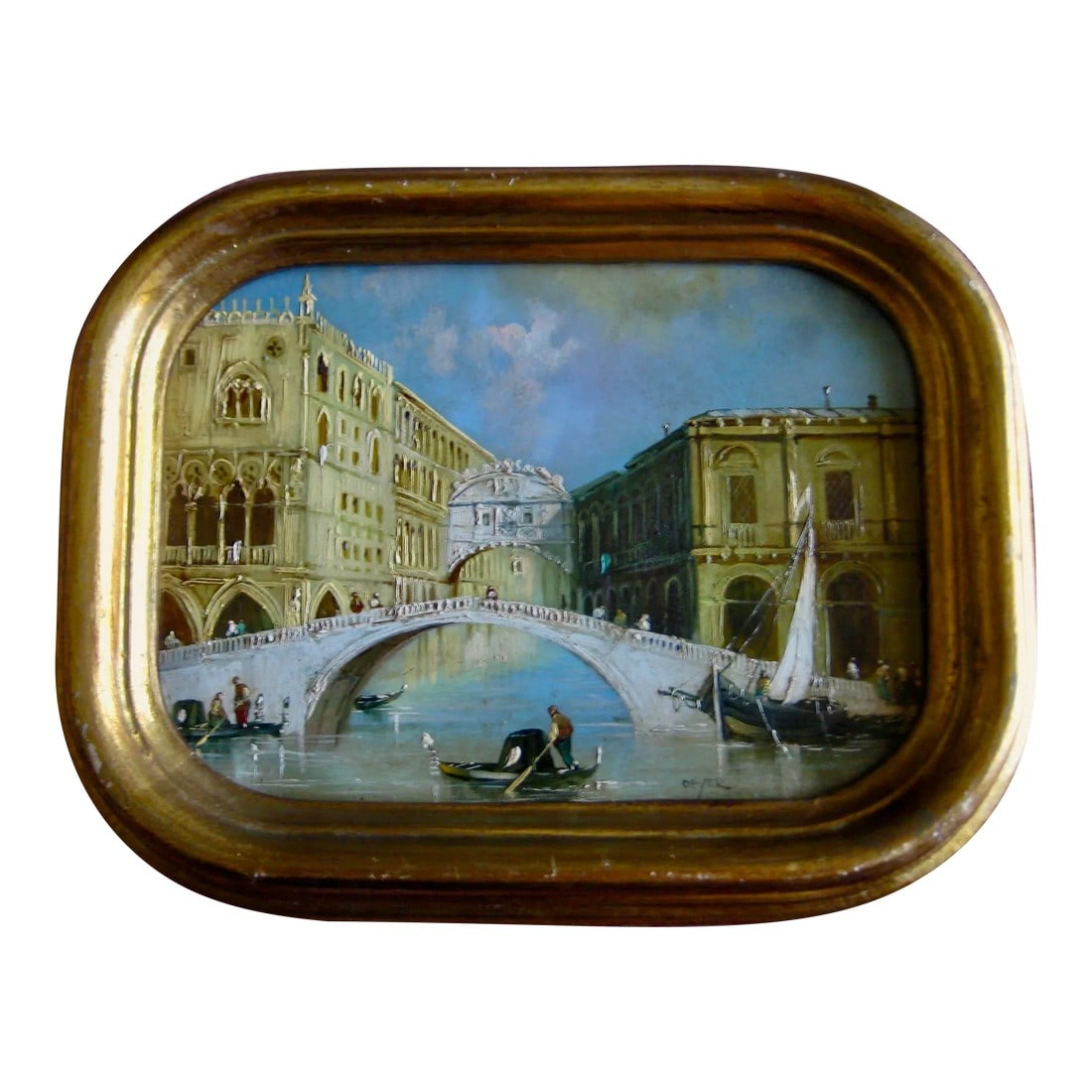 Early 20th Century Venetian View of the Bridge of Sighs Oil Painting: This lovely early 20 century oil painting is on board in the style of the great masters like Canaletto and Guardi and represent an iconic monument of Venice the bridge of sighs that connect the dodge