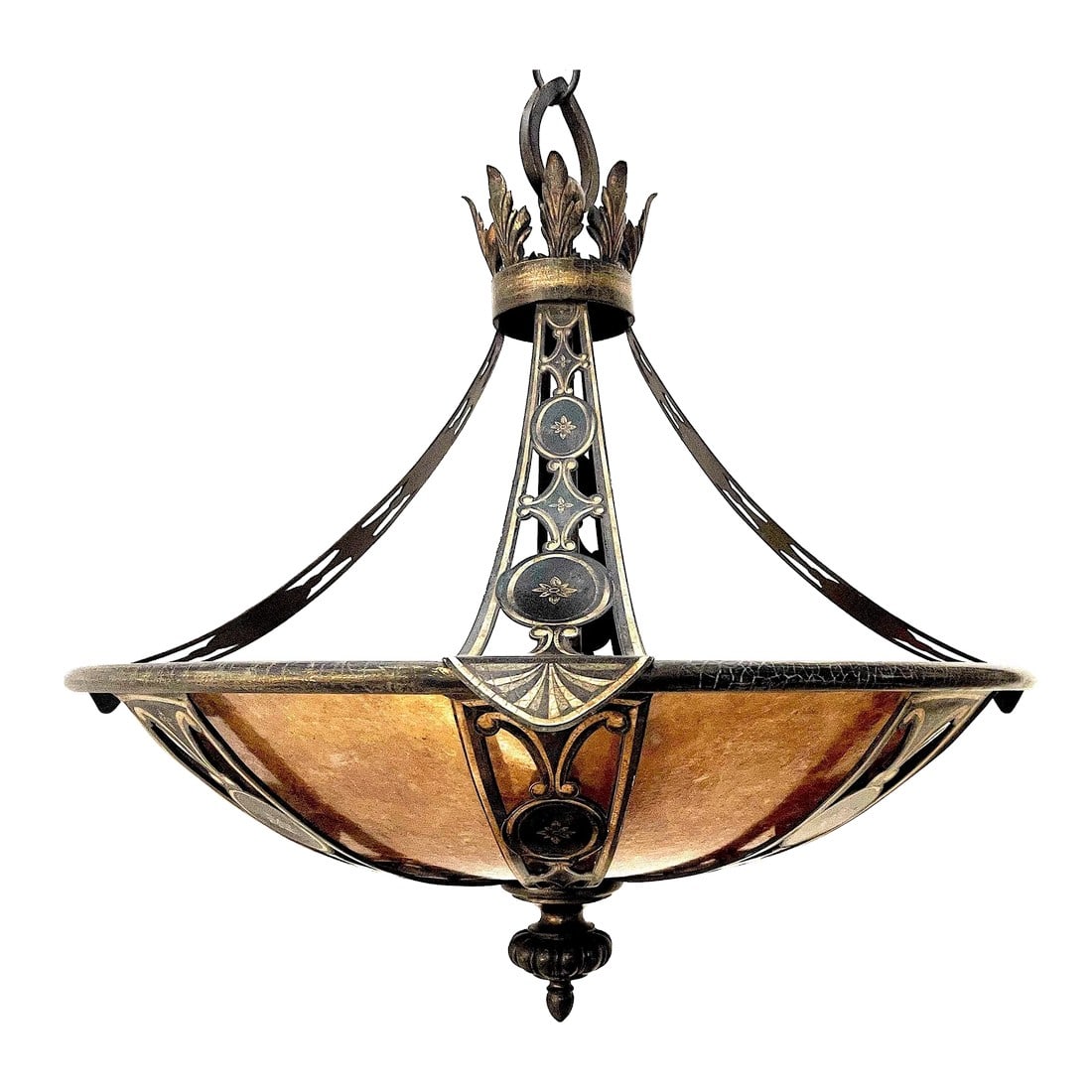 Contemporary Renaissance Inspired Iron & Mica "Avignon" Pendant by Fine Art Lamps: Originally listed at $4,000 by the exclusive Fine Art Lamps Company - this renaissance inspired pendant was created in 2011. Four intricately decorated curved arms descend below an acanthus leaf