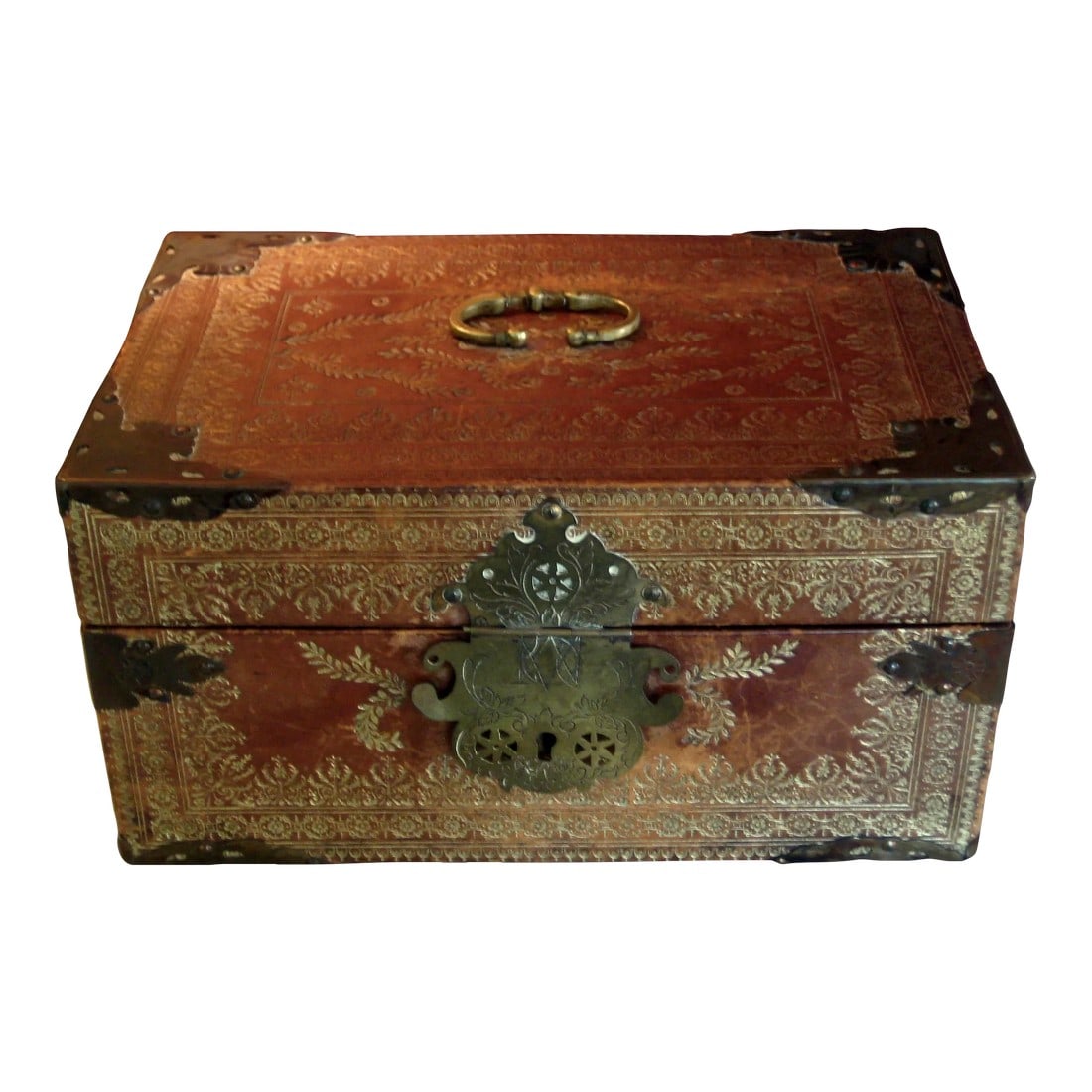 1800s Spanish Leather Box: Spain was famous and still is for exceptional leather work in all kid of objects but also wall covering etc.. with the world wide know Cordova leather , we have her a stunning box that present a very 