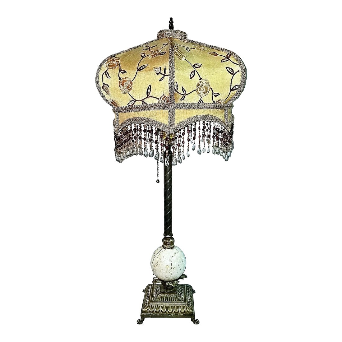 1980s Victorian Hand-Made Table Lamp: Brass, travertine and silk make up this 20th century Victorian table lamp with acrylic bead on the shade. A rare US made product, hand made in upstate New York by one family where one member does the