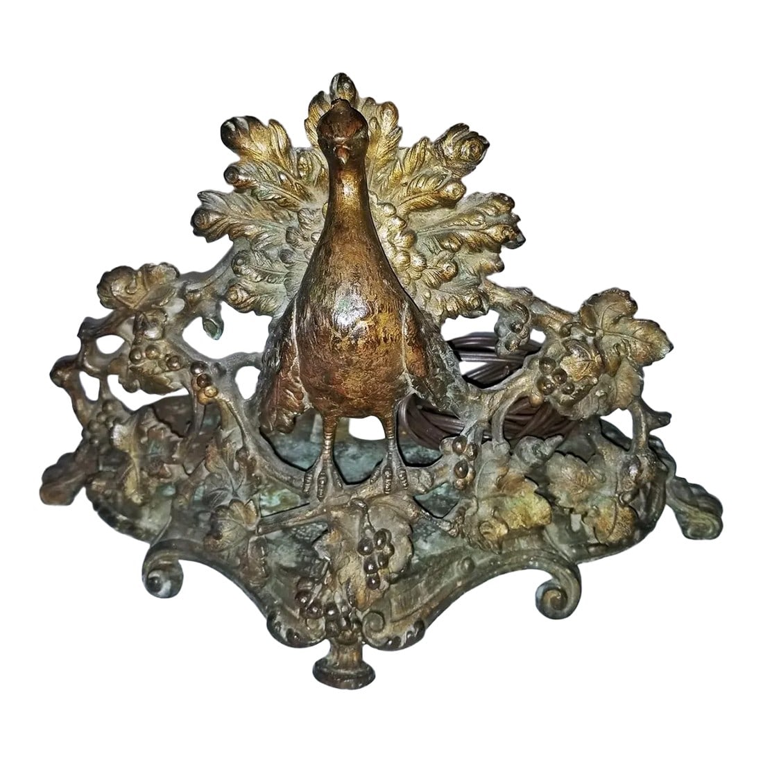 Antique Bronze Peacock Table Lamp: Truly unique, an antique bronze peacock table light or nightlight, nicely cast Regency/Nouveau motif, wired for one candleabra based bulb (can take up to 150W LED). Pictured in various lighting condit