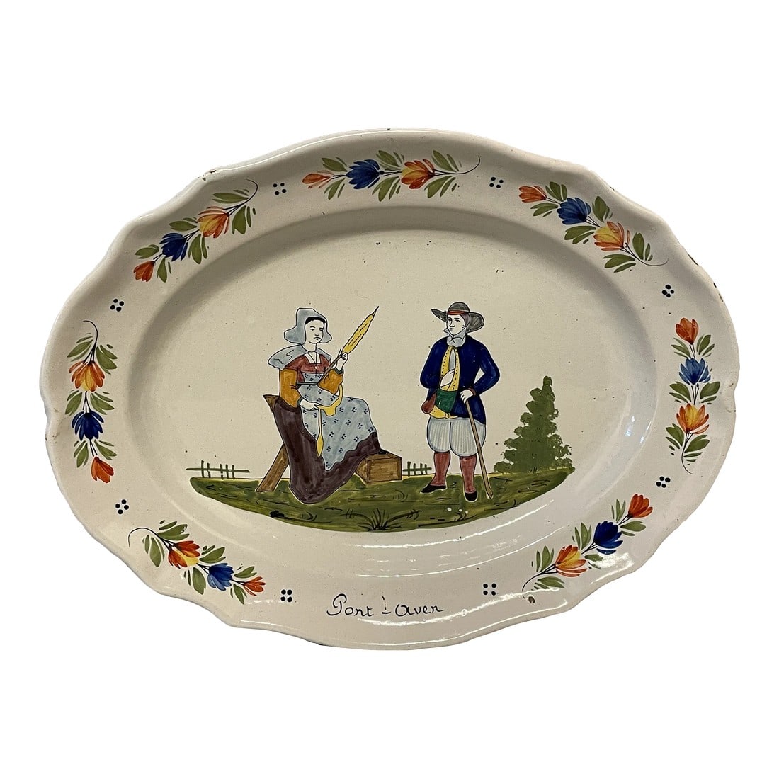 Early 20th Century French Faience Quimper Platter From Brittany, Signed Hb: An early 20th century French Faience Quimper platter from Brittany, signed HB, depicting a couple in the field with a women knitting and man watching. The platter is in good condition and no hairline 