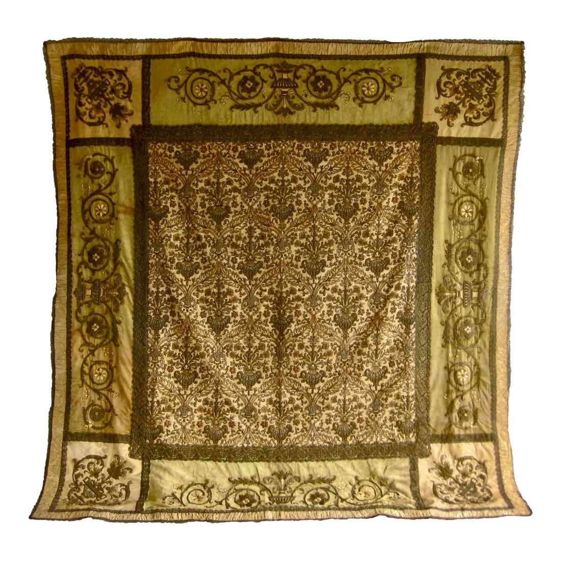 Late 19th Century Gold and Silver Embroidered Velvet Tablecloth or Cover: Stunning and impressive embroidery using metallic gold and silver threads in the shape of flowers, urns and volutes on silk and silk velvet , you will find also stunning large trims all over , very ri