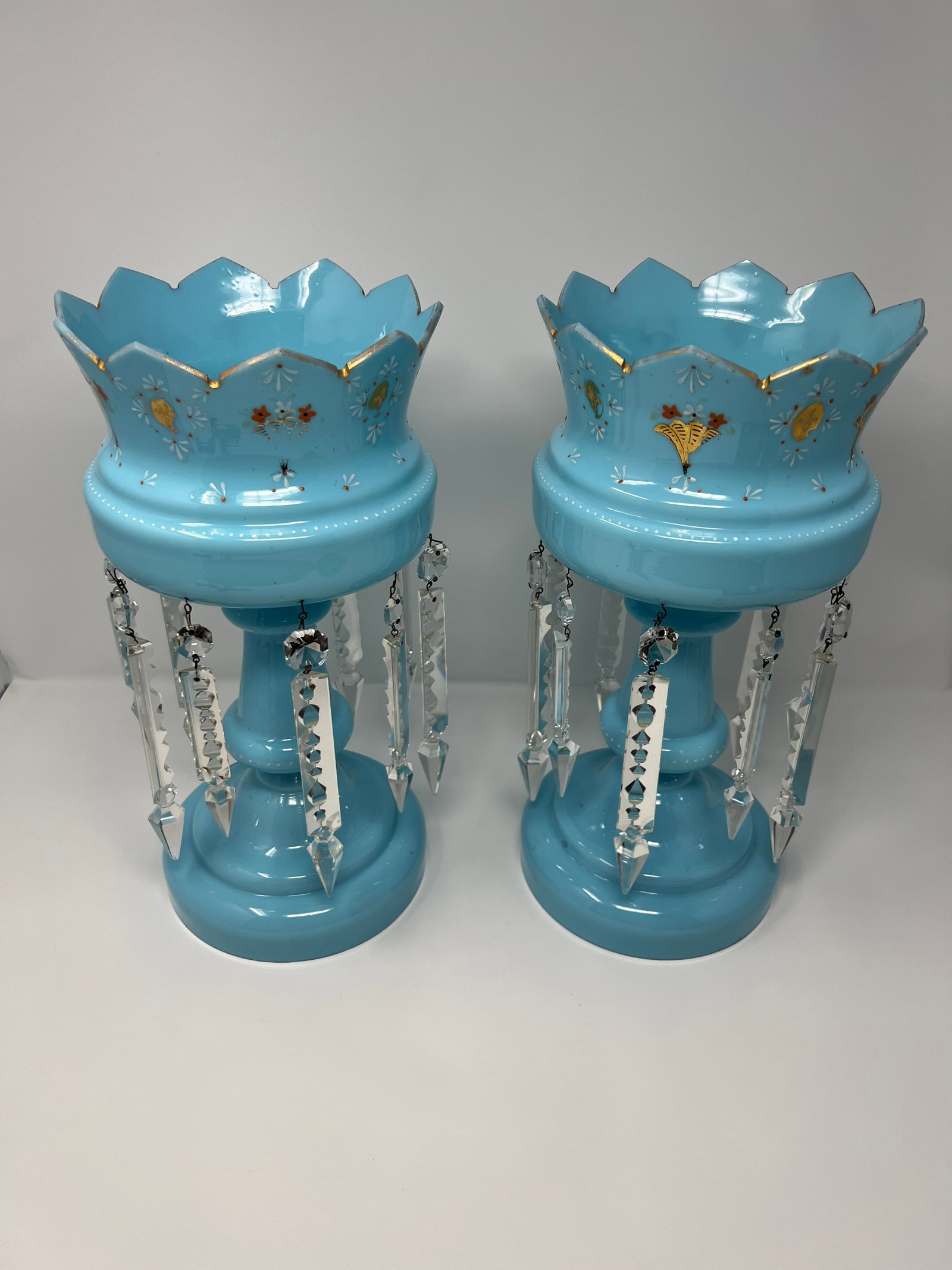 Late 19th Century Victorian Blue Opaline Glass Mantle Lusters With Cut Prisms, Pair, 14" - 7