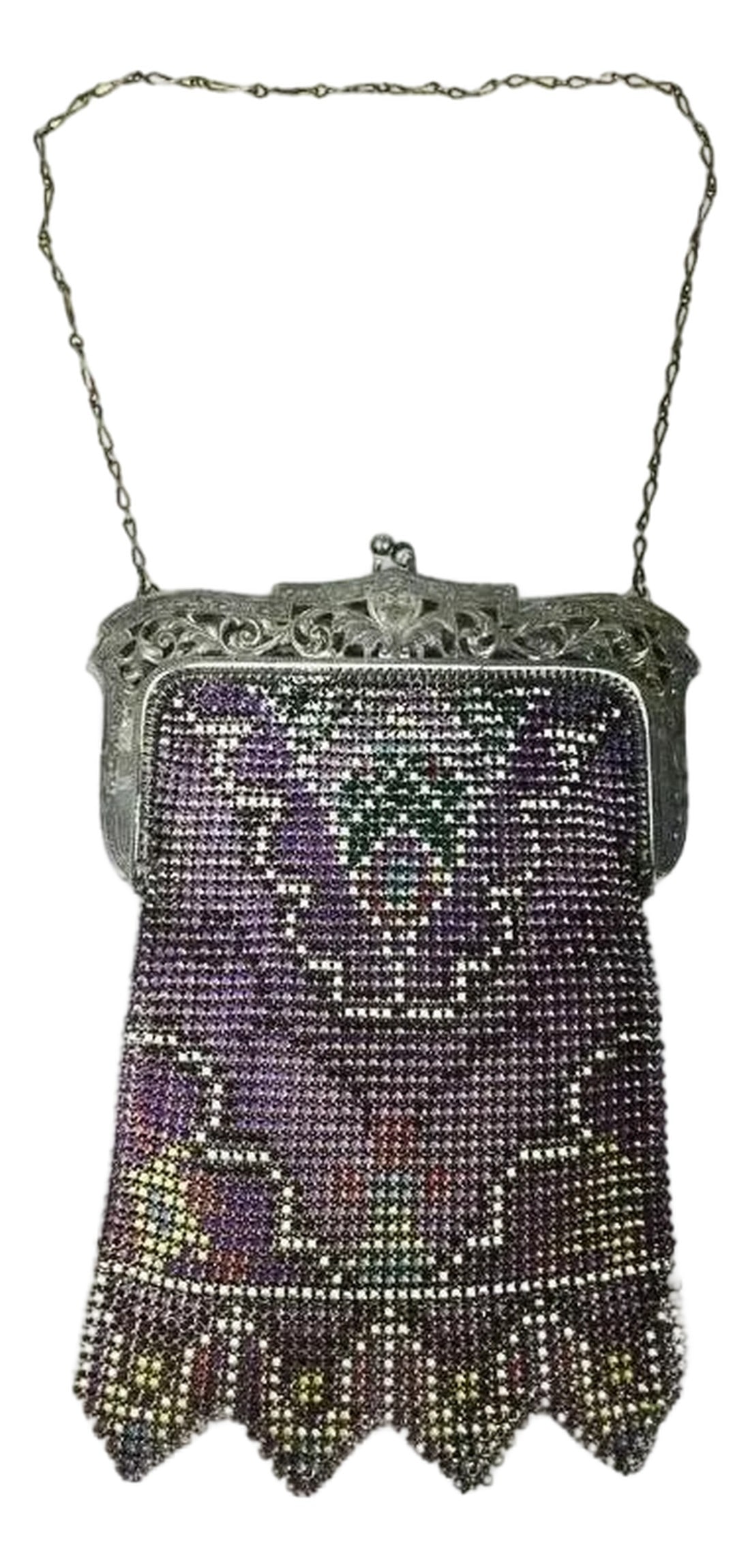 Whiting & Davis Mesh Purse Silver Filigree Frame With Heart in Center - Art Deco Flapper Era: 1920's At Deco Flapper mesh purse. It features a kiss-lock clasp and a distinctive "Vandyke" bottom edge. Pristine condition. There are several more in my shop from this collection. Measurements: 6 1/