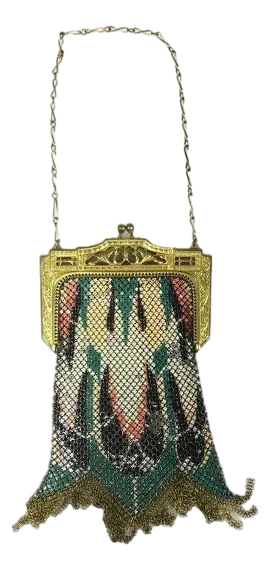 Whiting & Davis Mesh Purse Gold-Tone Engraved Frame - Art Deco Flapper Era: 1920's At Deco Flapper mesh purse. It features a kiss-lock clasp and a distinctive "Vandyke" chain bottom edge. The gold-tone engraved/detailed frame is stunning! Pristine condition. There are