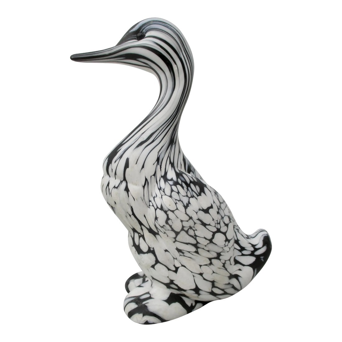 Archimede Seguso Art Glass Duck Vintage 1970s': Vintage 1970s' Seguso Black and white duck figure. Beautifully modeled duck with a dense pattern of marbled glass spots turning into the stripped neck with black glass bead eyes. Solid glass body