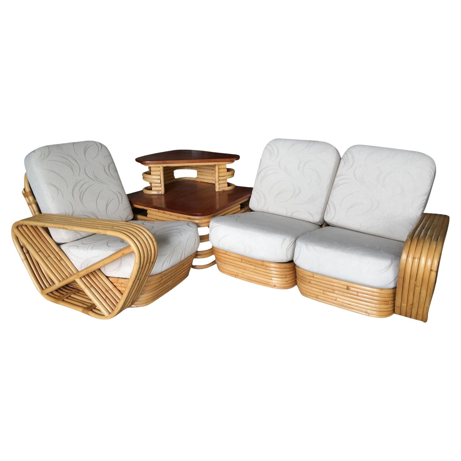 Restored MCM 6-Strand Square Pretzel 3 Seat Rattan Corner Sofa w/ Table: Title: Restored MCM 6-Strand Square Pretzel 3 Seat Rattan Corner Sofa w/ Table Description: This beautifully restored rattan blending style vintage charm with modern comfort. Rare Square Pretzel ratta