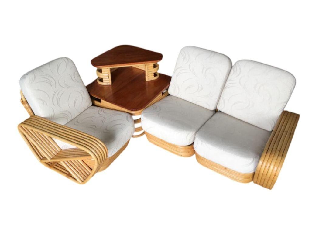 Restored MCM 6-Strand Square Pretzel 3 Seat Rattan Corner Sofa w/ Table - 2