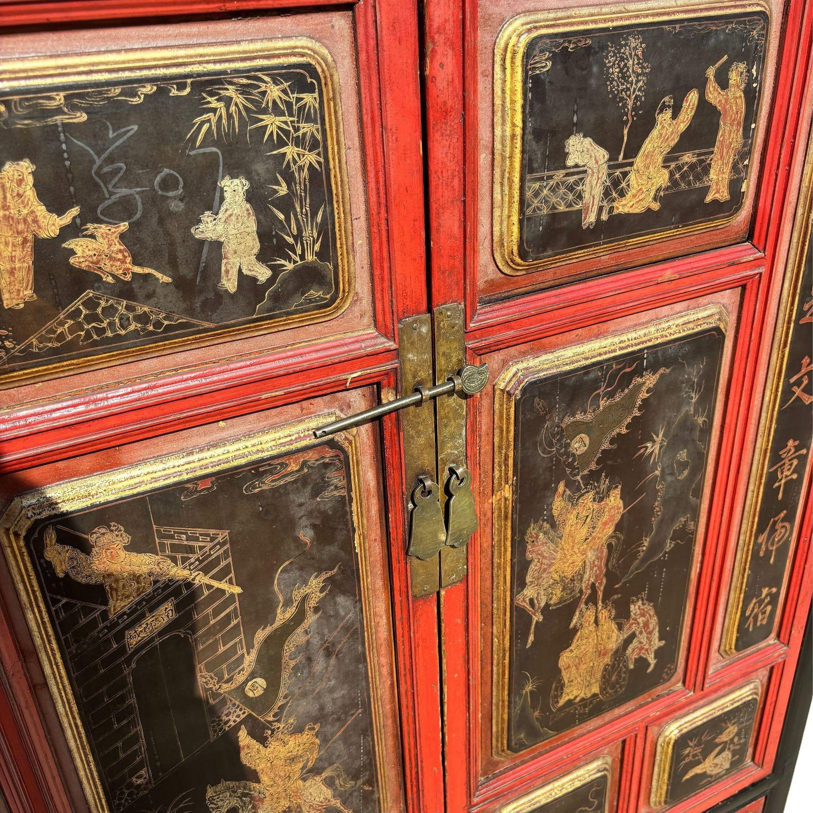 Qing Dynasty Hand Painted & Lacquered Gilt Armoire Cabinet, China - 2