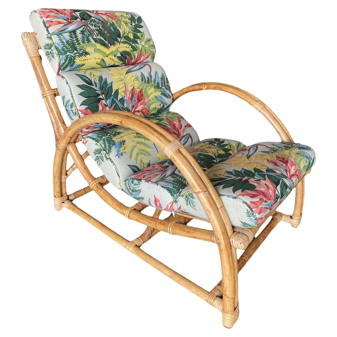Restored Two-Strand "Half Moon" Rattan Cup Seat Lounge Chair: Title: Restored Two-Strand "Half Moon" Rattan Cup Seat Lounge Chair Description: This beautifully restored Paul Frankl-inspired rattan lounge, with what we at the shop call the "Half Moon", two-strand