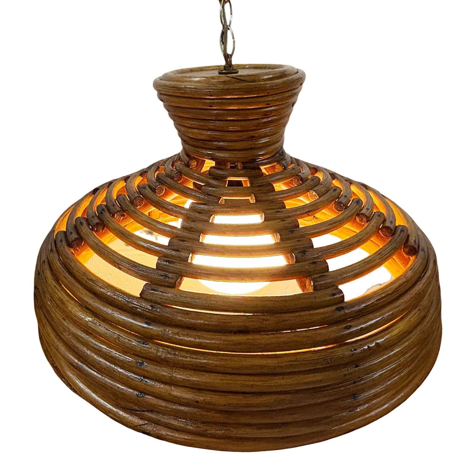 Restored Mid-century Hanging Rattan Ceiling Lamp Chandiler w/ Center Globe - 2