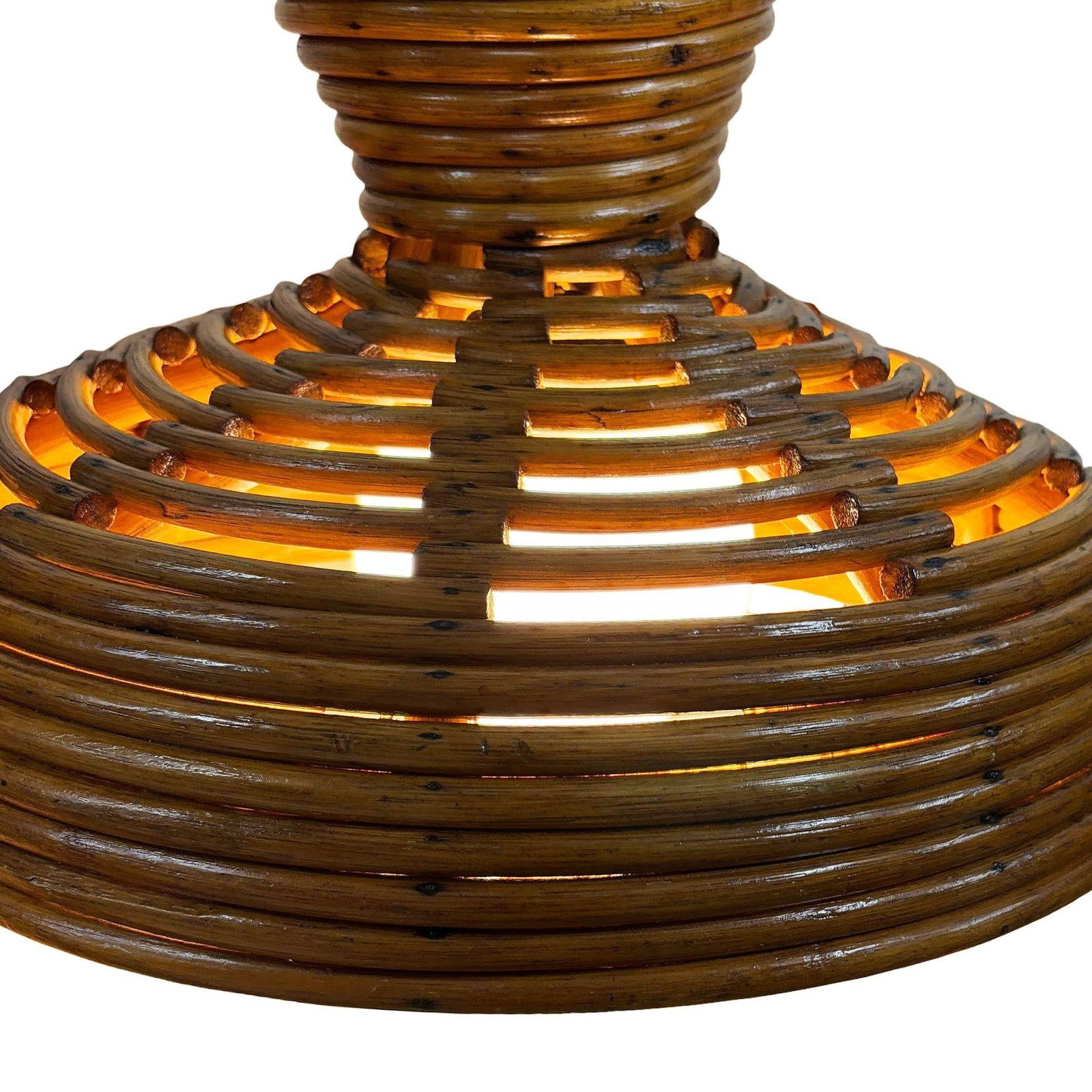 Restored Mid-century Hanging Rattan Ceiling Lamp Chandiler w/ Center Globe - 4