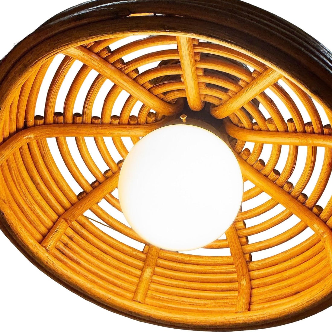 Restored Mid-century Hanging Rattan Ceiling Lamp Chandiler w/ Center Globe - 5
