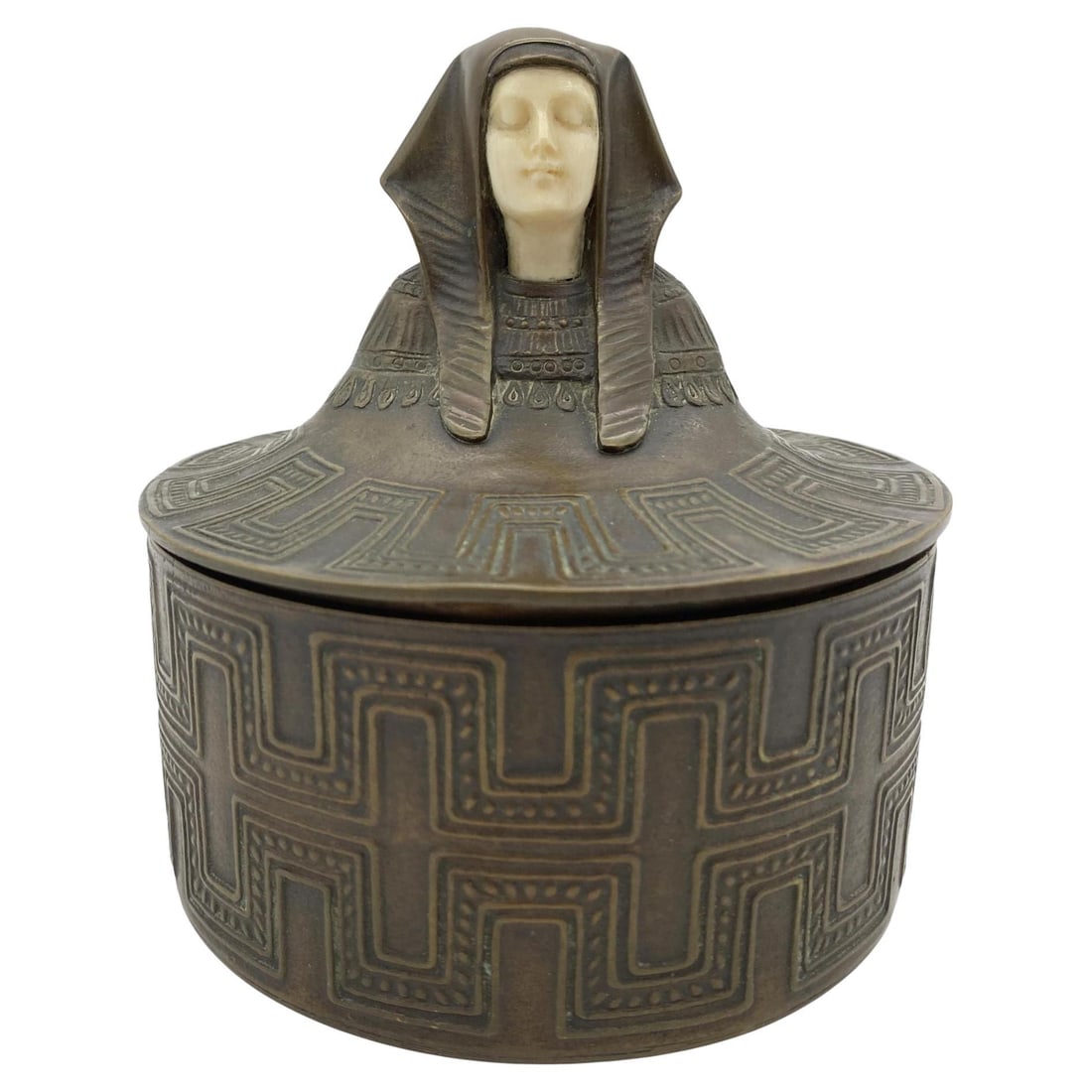 Egyptian Revival Bronze Round Pharaoh Case W/ Carved Bone Face, Circa 1920 (1 of 5)