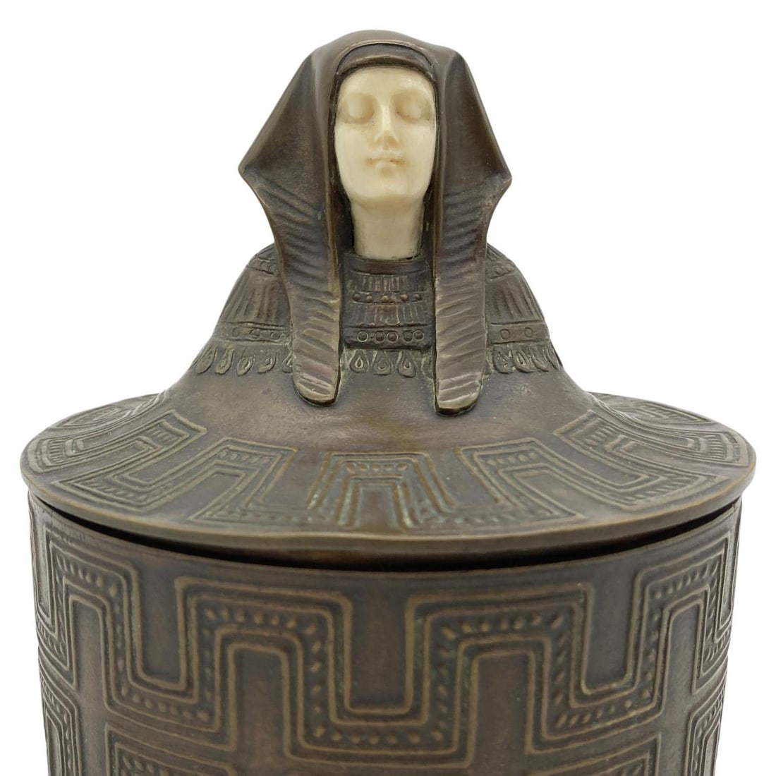 Egyptian Revival Bronze Round Pharaoh Case W/ Carved Bone Face, Circa 1920 - 3