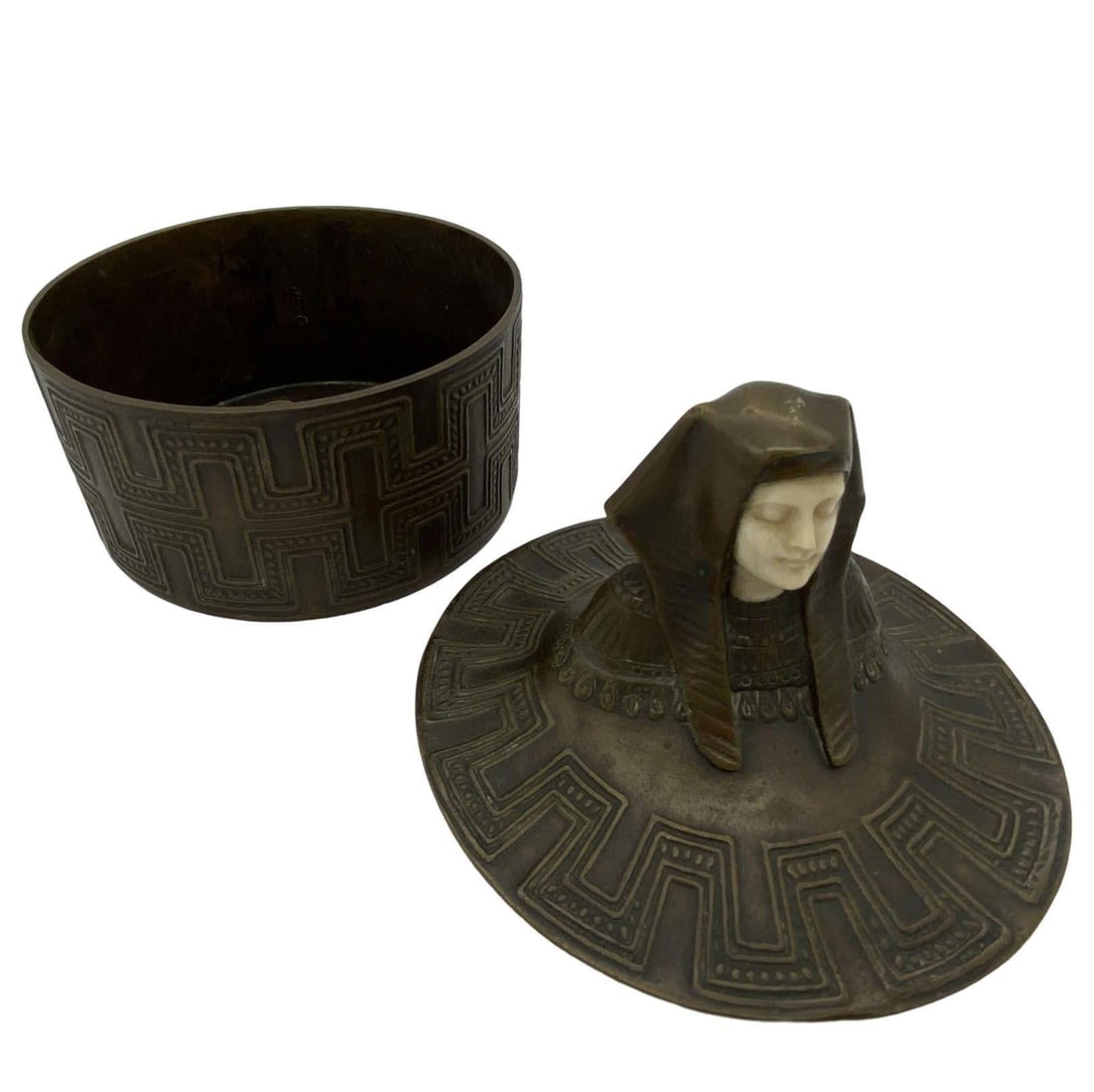 Egyptian Revival Bronze Round Pharaoh Case W/ Carved Bone Face, Circa 1920 - 5