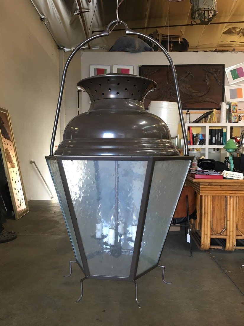 Large Octagon Bronze 4-Light Lantern Chandelier with Handle - 2