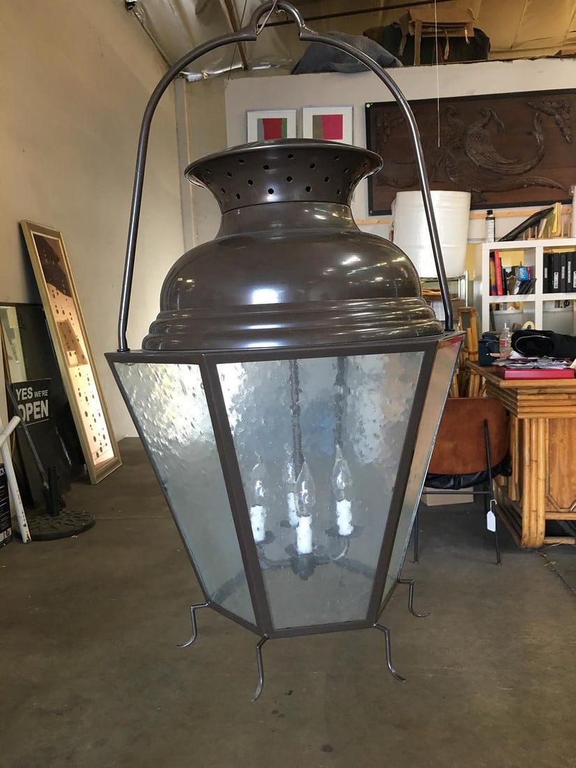 Large Octagon Bronze 4-Light Lantern Chandelier with Handle - 4