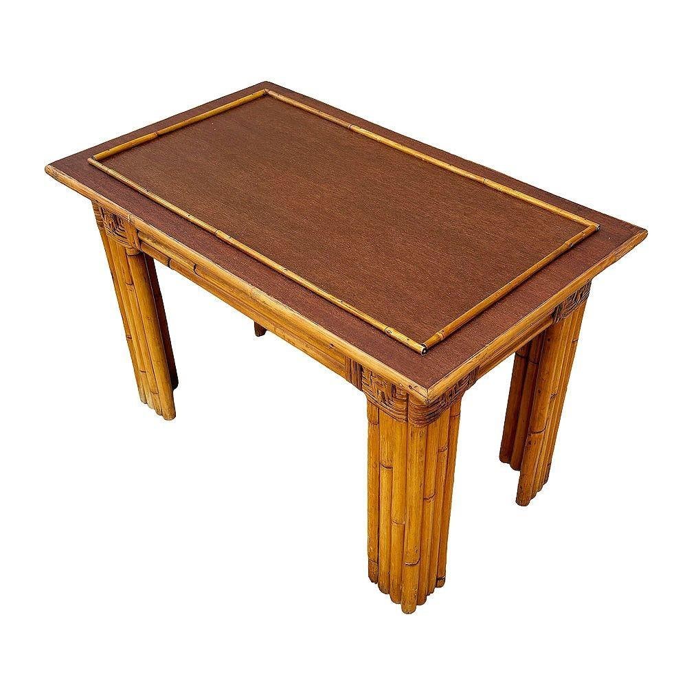 Restored Vertically Stacked Rattan Console Table w/ Mahogany Top - 2