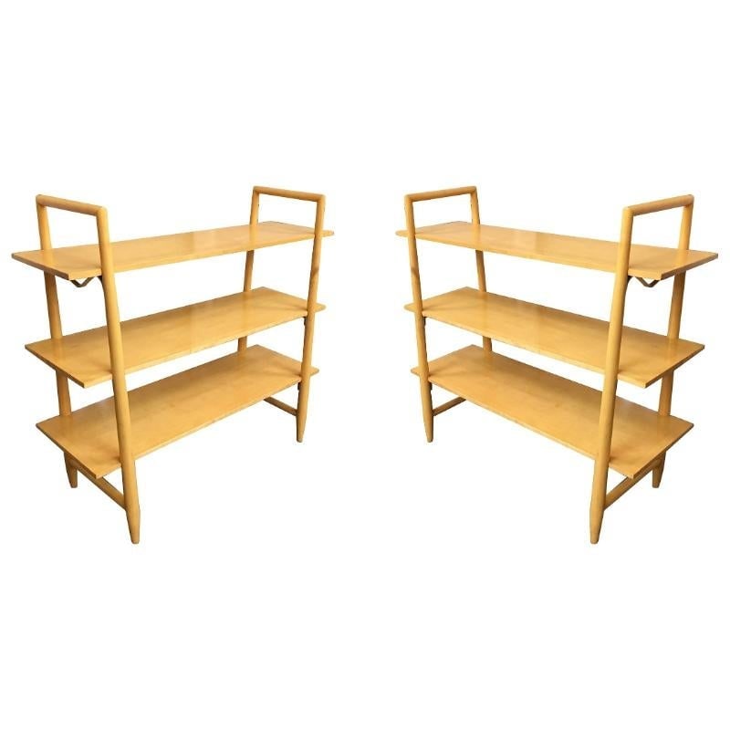 Swedish Midcentury Bookshelf by Edmond Spence: Title: Swedish Midcentury Bookshelf by Edmond Spence Description: Swedish-made blonde Mid-Century Modern bookshelf pair with three floating shelves each designed by Edmond Spence for Walpole.