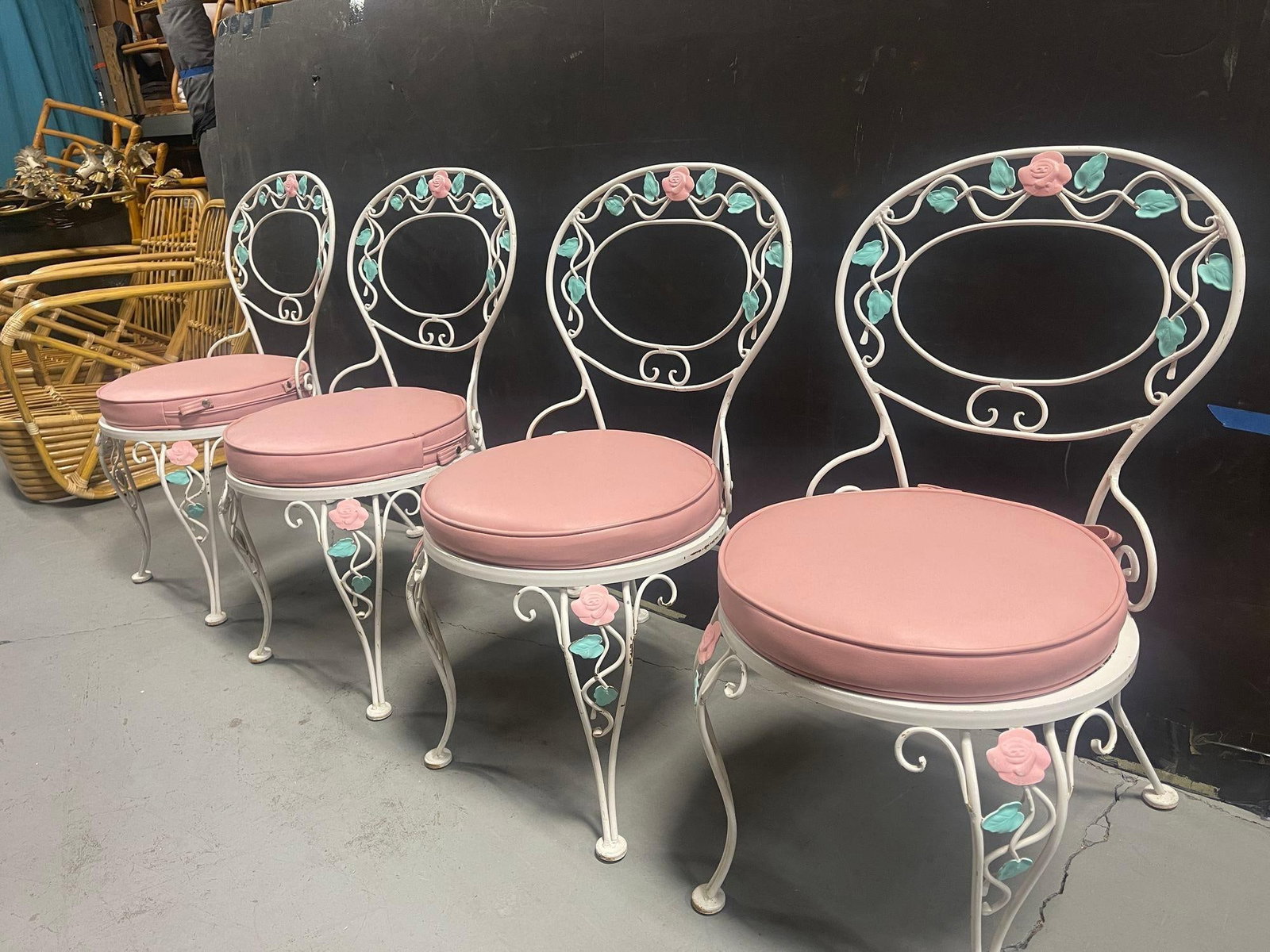 Pink Rose White Iron Garden Table and Chairs Set - 4