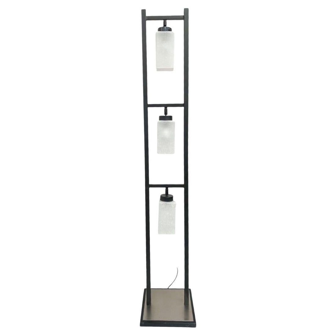 Asian Inspired Modernist Floor Lamp with Chrome Base: Title: Asian Inspired Modernist Floor Lamp with Chrome Base Description: Minimal and modern design heavy black metal 3 light floor lamp with a stainless steel floor plate and square cubist milk glass 
