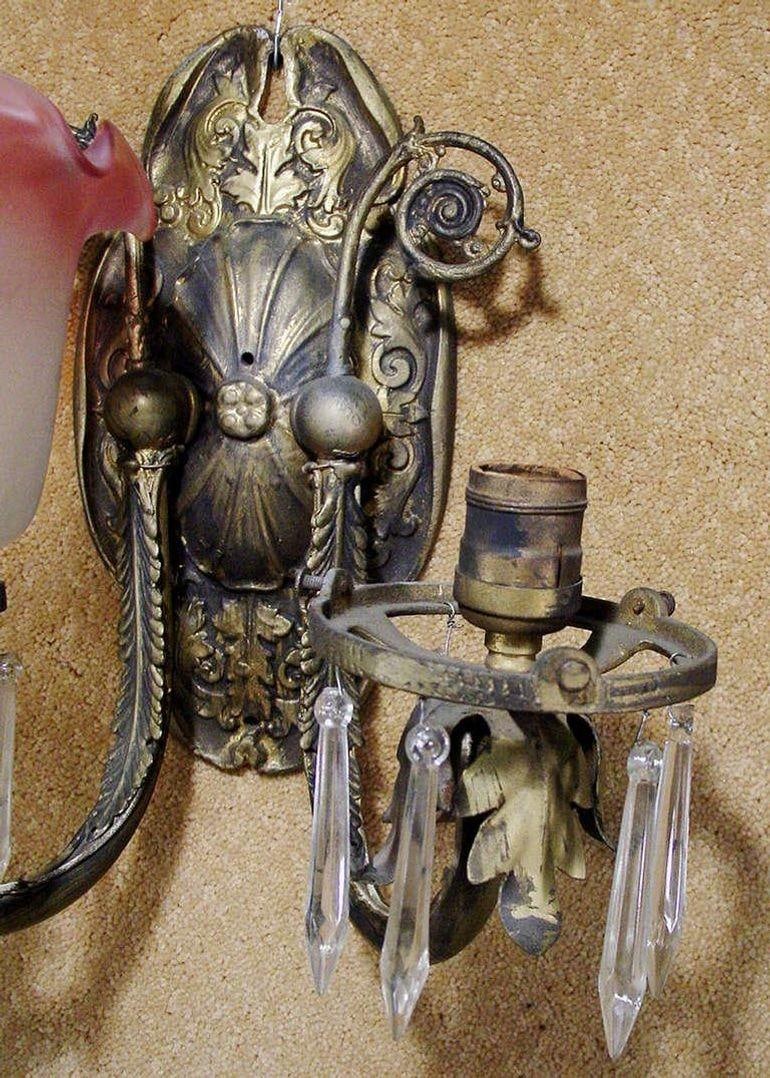 Neoclassical Brass Sconce With Acid Etched Rose Shades - 2