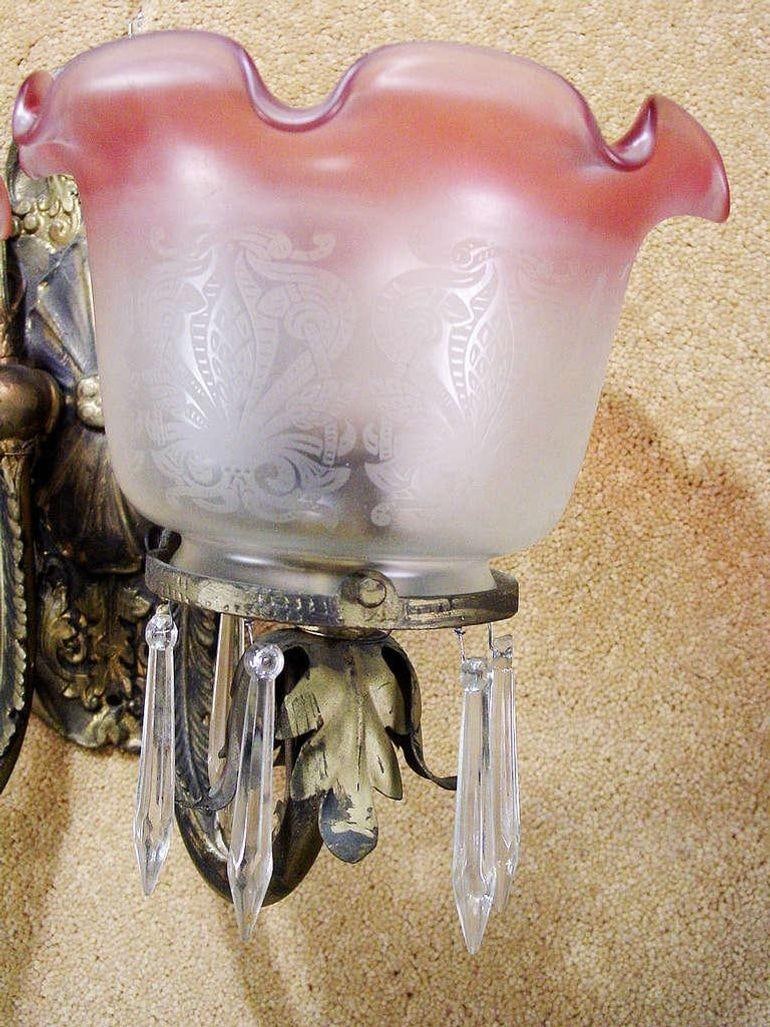 Neoclassical Brass Sconce With Acid Etched Rose Shades - 3