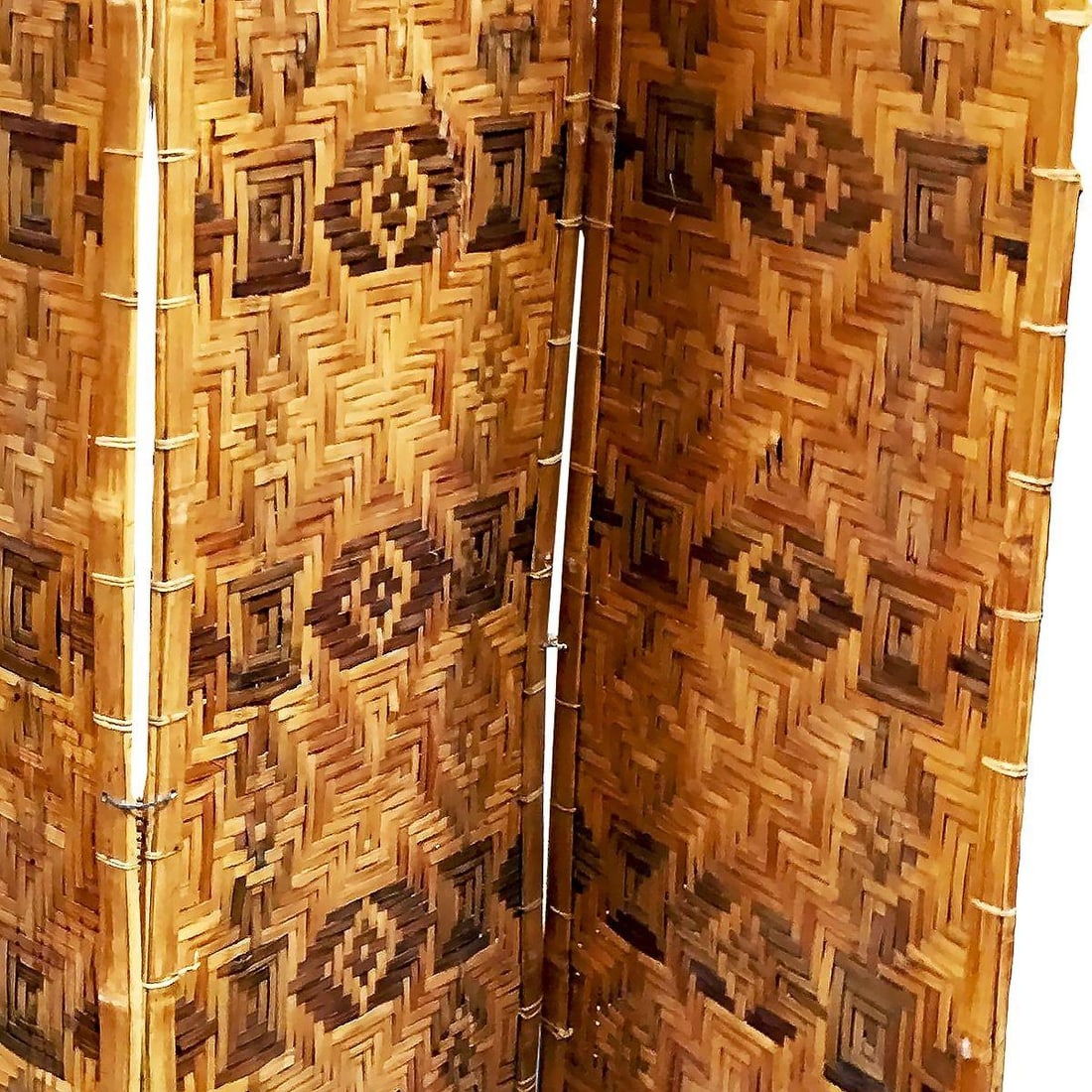 Restored Bamboo & Woven Wicker 4 Panel Folding Screen , 1920 - 4