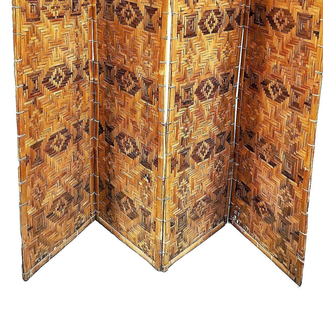 Restored Bamboo & Woven Wicker 4 Panel Folding Screen , 1920 - 5