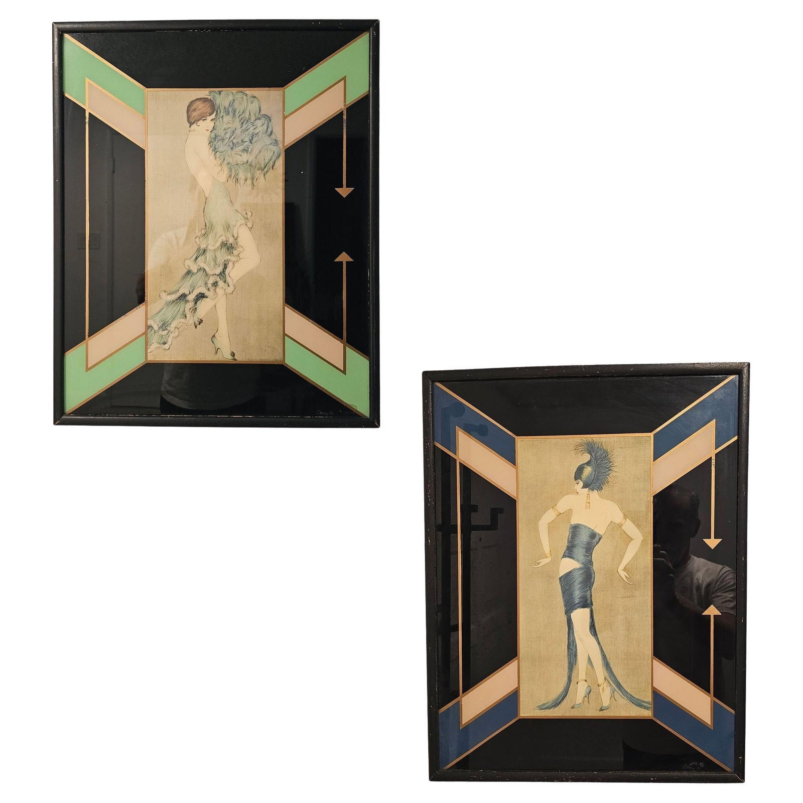 Art Deco Flapper Fashion Illustration "Tanz" Prints Frames by Vala Moro, Pair: Title: Art Deco Flapper Fashion Illustration "Tanz" Prints Frames by Vala Moro, Pair Description: This striking pair of Art Deco flapper fashion "Tanz" prints by Vala Moro captures the elegance and