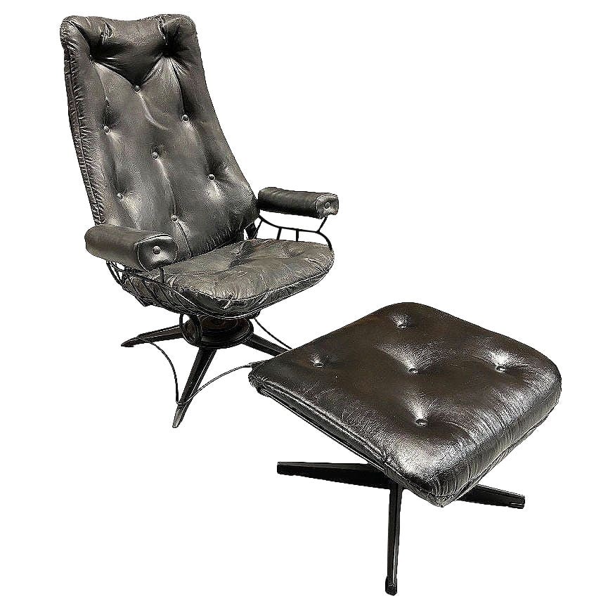 MCM Model 90 "Riviera" Swivel Springer Iron Lounge Chair w/ Ottoman by Homecrest (1 of 5)