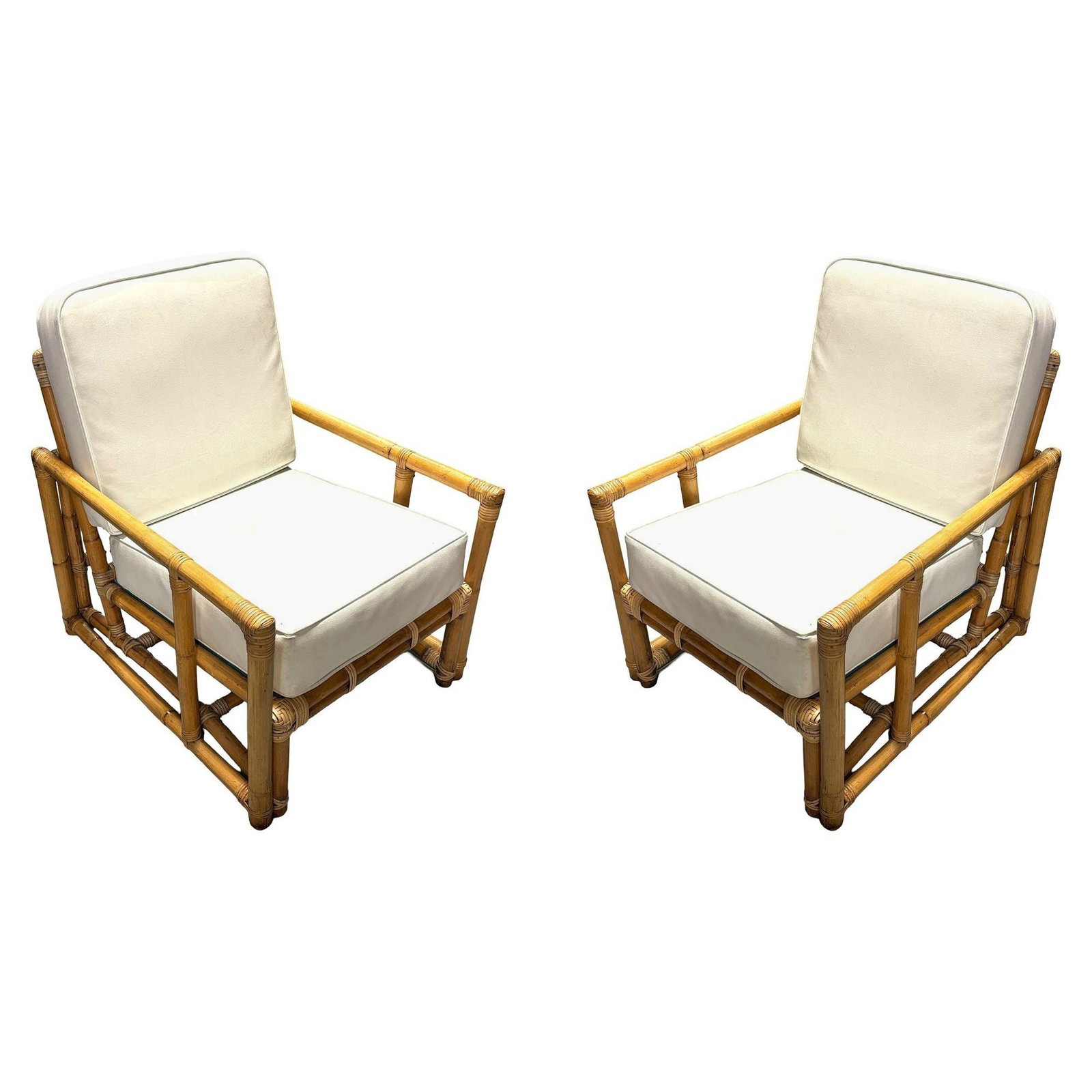 Restored James Mont Inspired Rattan Lounge Chairs w/ Modernist Arms: Title: Restored James Mont Inspired Rattan Lounge Chairs w/ Modernist Arms Description: These Restored Rattan Lounge Chairs with Modern Cubist Arms fashion after classic East Asian designs much like