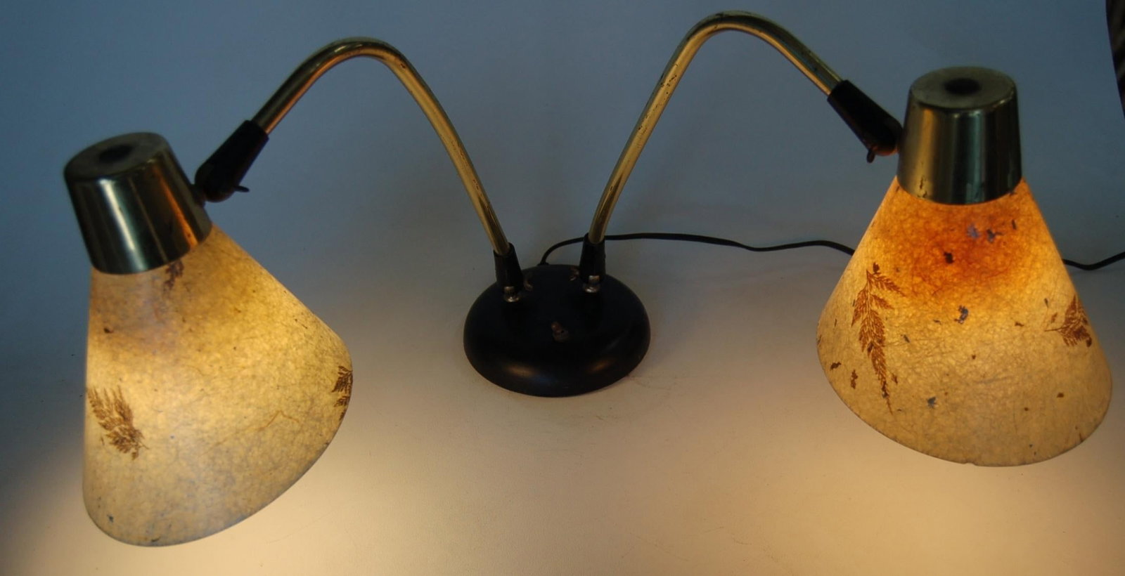 Double Gooseneck Brass Desk Table Lamp with Pressed Floral Fiberglass - 3