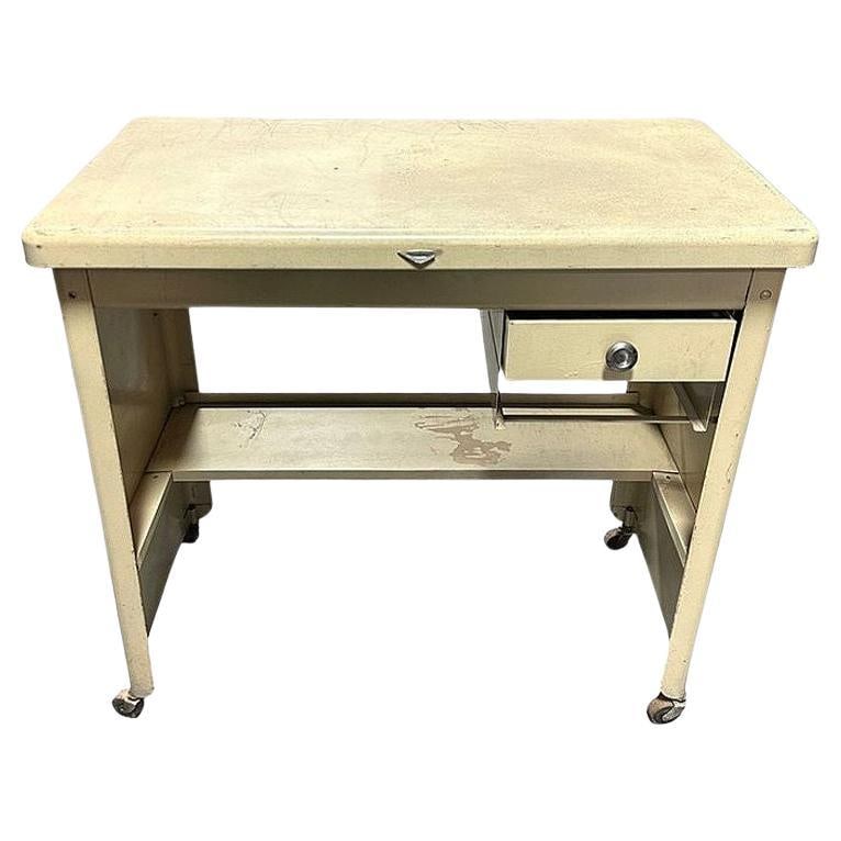 Mid-Century Rolling Tanker Work Task Desk by Cole Steel: Title: Mid-Century Rolling Tanker Work Task Desk by Cole Steel Description: Original 1950s Cole Steel specialty rolling tanker task Desk made from powder-coated durable sheet steel, featuring a sleek,
