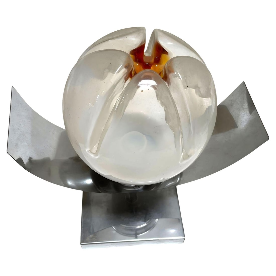 Mid-century Chrome & Murano Art Glass Space-age Wall Sconce by A.V. Mazzega: Title: Mid-century Chrome & Murano Art Glass Space-age Wall Sconce by A.V. Mazzega Description: Mid-century era chrome space-age wall sconce featuring an Italian Murano art glass shade by A.V.