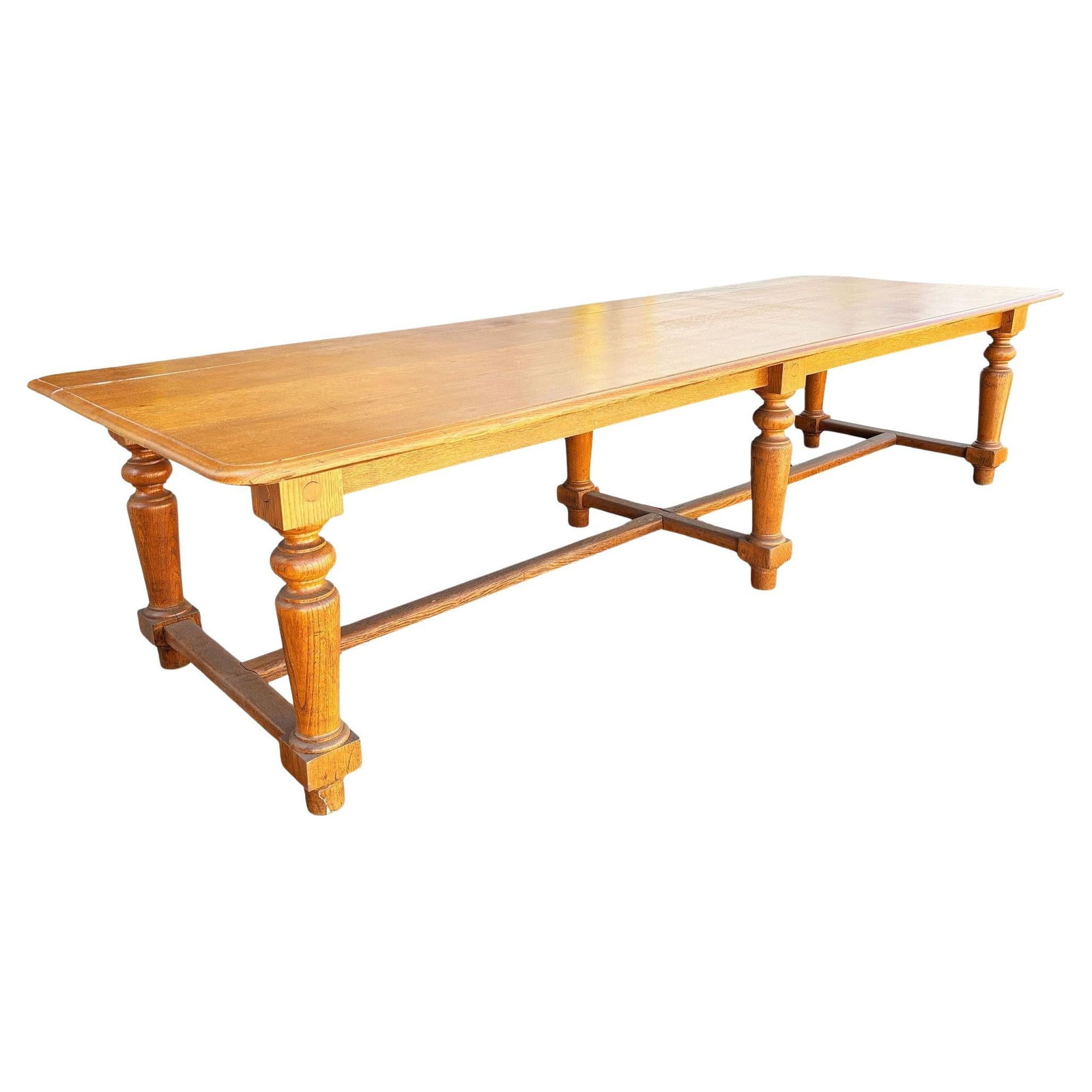 11 ft Hand-Carved Oak South Shore Massachusetts Long Farmhouse Dining Table: Title: 11 ft Hand-Carved Oak South Shore Massachusetts Long Farmhouse Dining Table Description: Impressive in scale and rich in character, this hand-carved oak farmhouse dining table hails from the