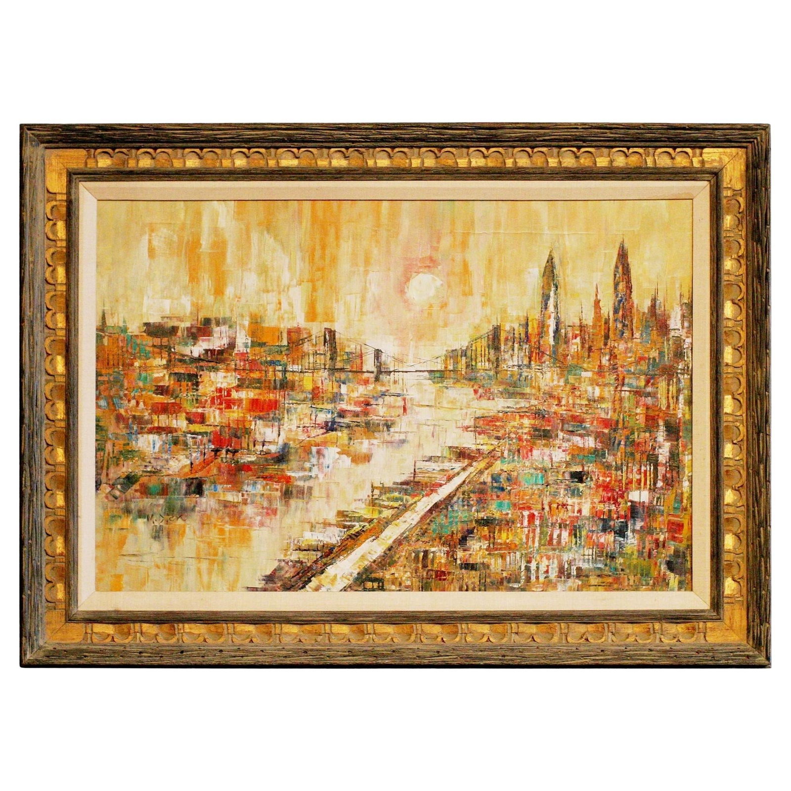 Mid-Century Modern Oil on Canvas Cityscape by M. Dick: Title: Mid-Century Modern Oil on Canvas Cityscape by M. Dick Description: This excellent Mid-Century Modern oil painting artwork depicts Hong Kong and is signed "M. Dick" in the lower left portion of