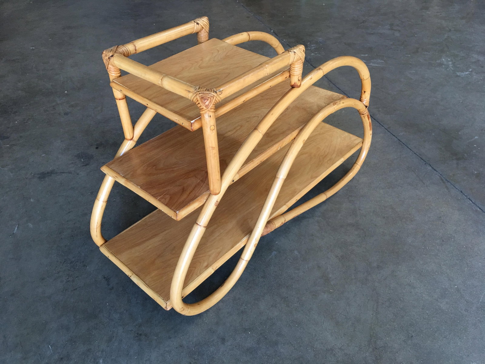 Restored Rattan "Double S" Side Table with Three-Tier Mahogany Tops - 3
