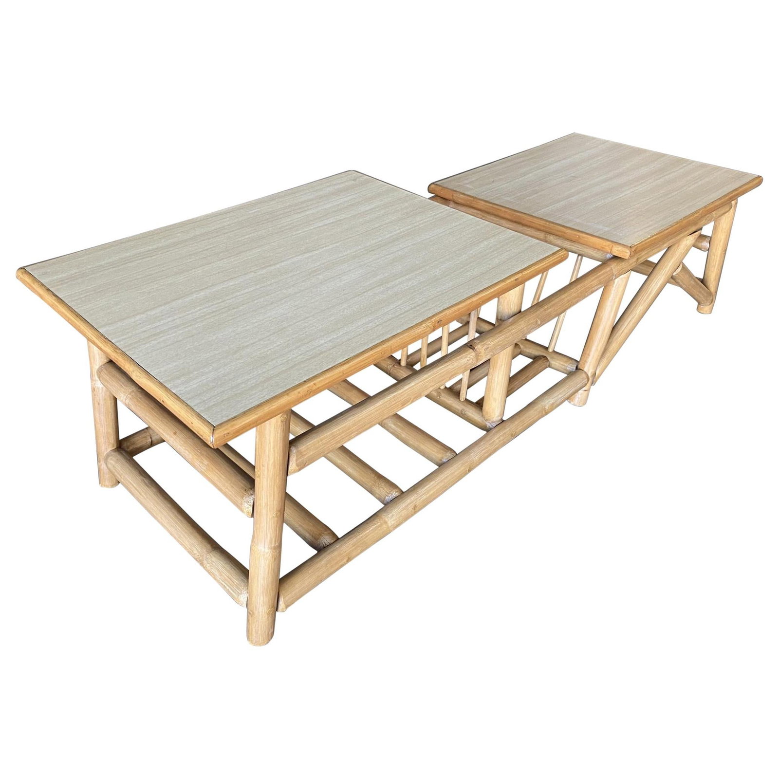 Restored Asymmetric Two-Tier Rattan Coffee Table with Architectural Base (1 of 5)